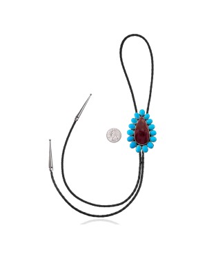 Handmade Certified Authentic Navajo .925 Sterling Silver Native American Natural Turquoise Purple Spiny Oyster Bolo Tie 34253