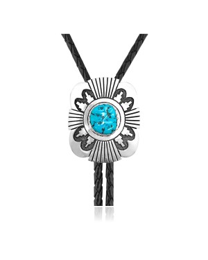 Handmade Certified Authentic Navajo .925 Sterling Silver Native American Natural Turquoise Bolo Tie 34254