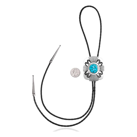Handmade Certified Authentic Navajo .925 Sterling Silver Native American Natural Turquoise Bolo Tie 34254