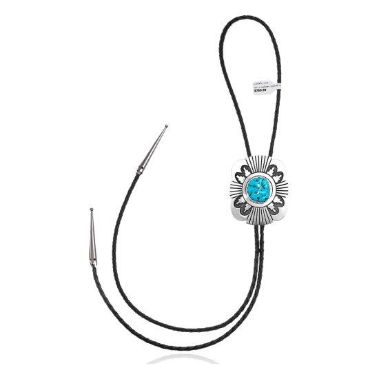 Handmade Certified Authentic Navajo .925 Sterling Silver Native American Natural Turquoise Bolo Tie 34254