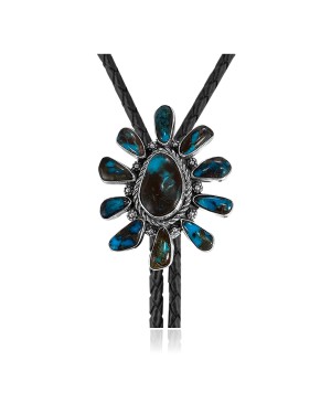 Flower .925 Sterling Silver Certified Authentic Handmade Navajo Native American Natural Turquoise Bolo Tie 34256