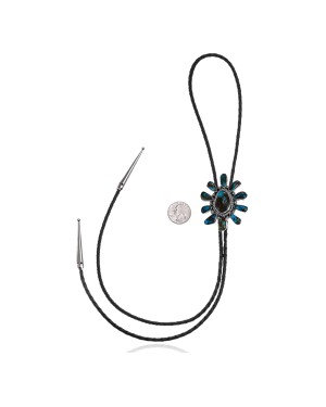 Flower .925 Sterling Silver Certified Authentic Handmade Navajo Native American Natural Turquoise Bolo Tie 34256