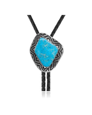 Maze .925 Sterling Silver Certified Authentic Handmade Navajo Native American Natural Turquoise Bolo Tie 34258