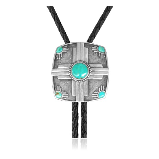 Sun .925 Sterling Silver Certified Authentic Handmade Navajo Native American Natural Turquoise Bolo Tie 34261