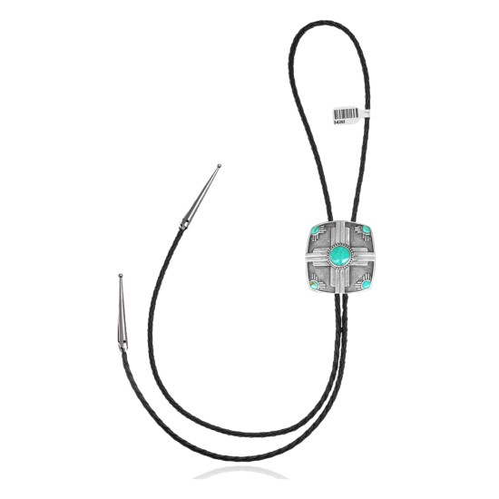 Sun .925 Sterling Silver Certified Authentic Handmade Navajo Native American Natural Turquoise Bolo Tie 34261