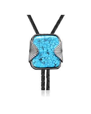 Leaf .925 Sterling Silver Certified Authentic Handmade Navajo Native American Natural Turquoise Bolo Tie 34262