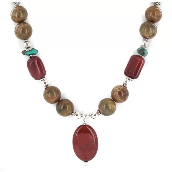 .925 Sterling Silver Arrow Navajo Natural Turquoise Green Jasper Red Jasper Native American Necklace 750246-2 .925 Sterling Silver Arrow Navajo Natural Turquoise Green Jasper Red Jasper Native American Necklace 750246-2