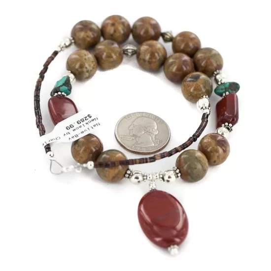 .925 Sterling Silver Arrow Navajo Natural Turquoise Green Jasper Red Jasper Native American Necklace 750246-2 .925 Sterling Silver Arrow Navajo Natural Turquoise Green Jasper Red Jasper Native American Necklace 750246-2