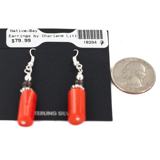 .925 Sterling Silver Hooks Certified Authentic Navajo Natural Tigers Eye Coral Native American Dangle Earrings 18294-7