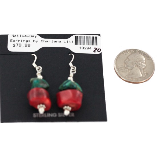.925 Sterling Silver Hooks Certified Authentic Navajo Natural Turquoise Coral Native American Dangle Earrings 18294-20