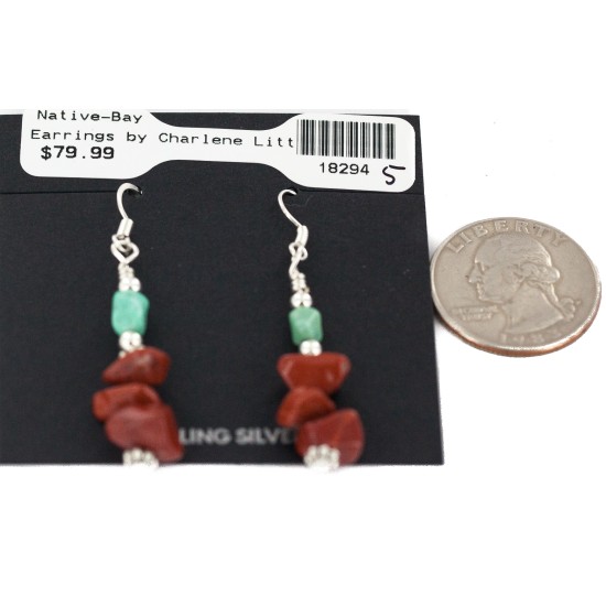 .925 Sterling Silver Hooks Certified Authentic Navajo Natural Turquoise Red Jasper Native American Dangle Earrings 18294-5