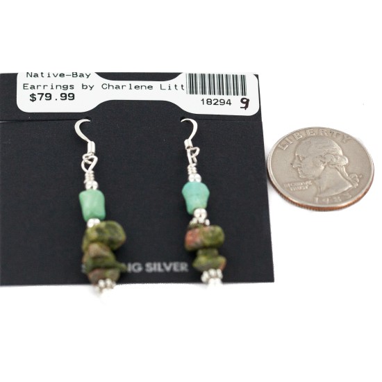 .925 Sterling Silver Hooks Certified Authentic Navajo Natural Turquoise Green Jasper Native American Dangle Earrings 18294-9