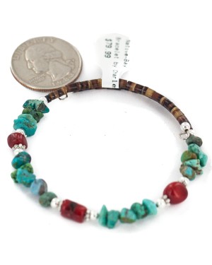 Navajo Certified Authentic Natural Turquoise Coral Heishi Native American Adjustable Wrap Bracelet 18295
