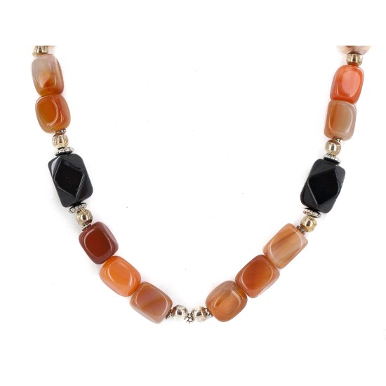 .925 Sterling Silver Certified Authentic Navajo Natural Carnelian Black Onyx Native American Necklace 750247