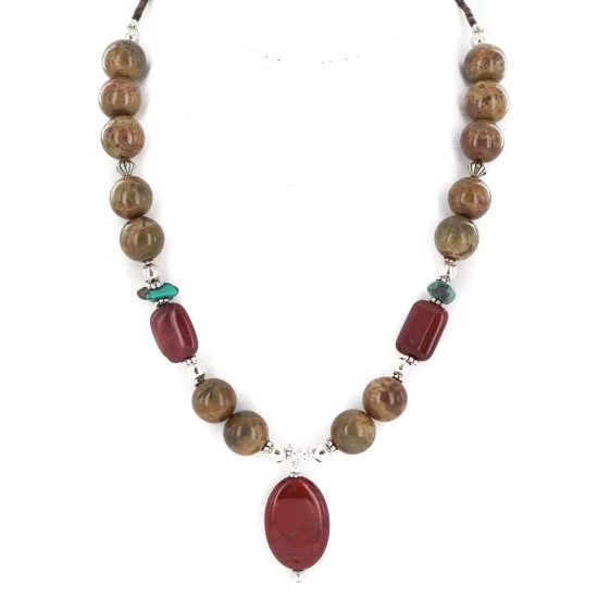 .925 Sterling Silver Arrow Navajo Natural Turquoise Green Jasper Red Jasper Native American Necklace 750246-2 .925 Sterling Silver Arrow Navajo Natural Turquoise Green Jasper Red Jasper Native American Necklace 750246-2