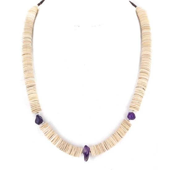 .925 Sterling Silver Certified Authentic Navajo Natural Amethyst Graduated Melon Shell Native American Necklace 750244