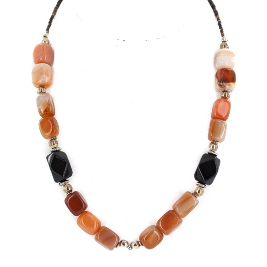 .925 Sterling Silver Certified Authentic Navajo Natural Carnelian Black Onyx Native American Necklace 750247