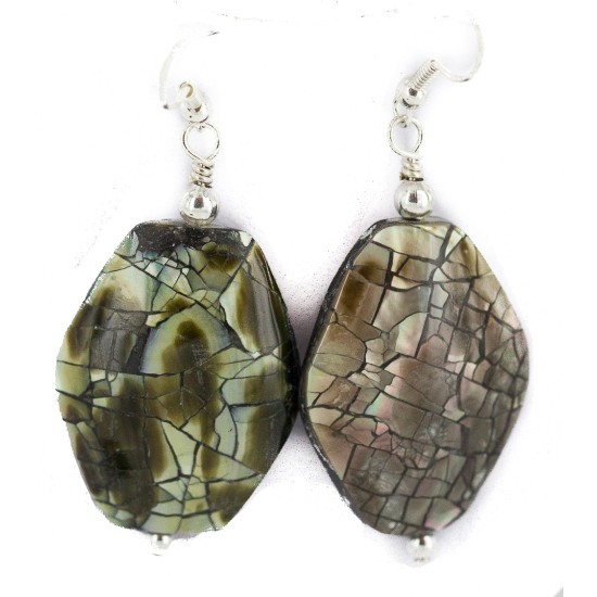 .925 Sterling Silver Hooks Certified Authentic Navajo Natural Abalone Native American Dangle Earrings 18294-19