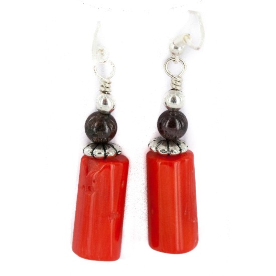 .925 Sterling Silver Hooks Certified Authentic Navajo Natural Tigers Eye Coral Native American Dangle Earrings 18294-7