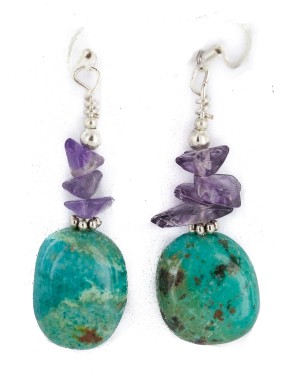 .925 Sterling Silver Hooks Certified Authentic Navajo Natural Turquoise Amethyst Native American Dangle Earrings 18294-21