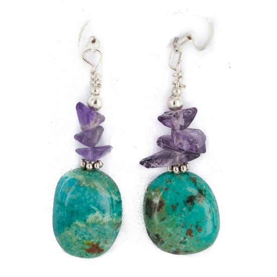 .925 Sterling Silver Hooks Certified Authentic Navajo Natural Turquoise Amethyst Native American Dangle Earrings 18294-21