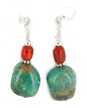.925 Sterling Silver Hooks Certified Authentic Navajo Natural Turquoise Coral Native American Dangle Earrings 18294-10