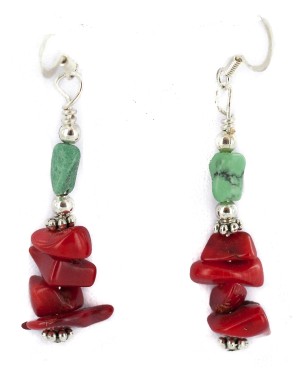 .925 Sterling Silver Hooks Certified Authentic Navajo Natural Turquoise Coral Native American Dangle Earrings 18294-13