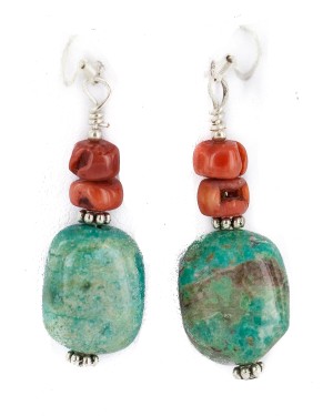 .925 Sterling Silver Hooks Certified Authentic Navajo Natural Turquoise Coral Native American Dangle Earrings 18294-18