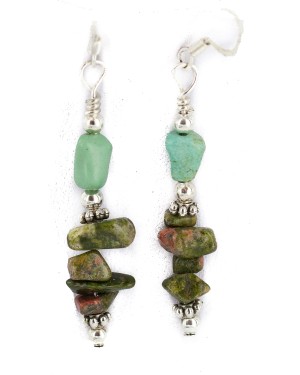 .925 Sterling Silver Hooks Certified Authentic Navajo Natural Turquoise Green Jasper Native American Dangle Earrings 18294-9