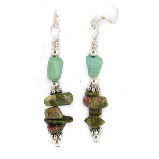 .925 Sterling Silver Hooks Certified Authentic Navajo Natural Turquoise Green Jasper Native American Dangle Earrings 18294-9