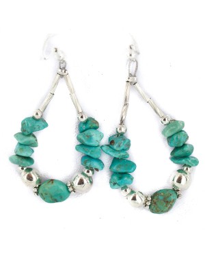 .925 Sterling Silver Hooks Certified Authentic Navajo Natural Turquoise Native American Hoop Earrings 18153-10