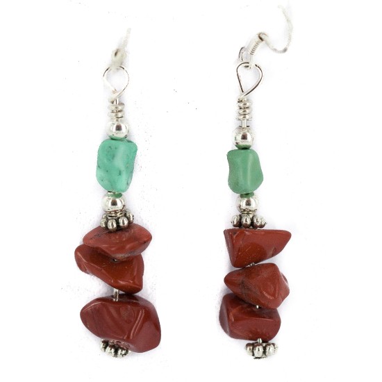 .925 Sterling Silver Hooks Certified Authentic Navajo Natural Turquoise Red Jasper Native American Dangle Earrings 18294-5