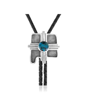 Cross .925 Sterling Silver Certified Authentic Handmade Navajo Native American Natural Turquoise Bolo Tie 34267