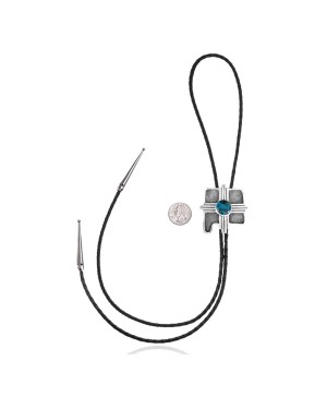 Cross .925 Sterling Silver Certified Authentic Handmade Navajo Native American Natural Turquoise Bolo Tie 34267