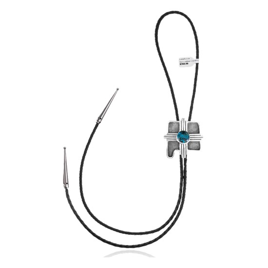 Cross .925 Sterling Silver Certified Authentic Handmade Navajo Native American Natural Turquoise Bolo Tie 34267
