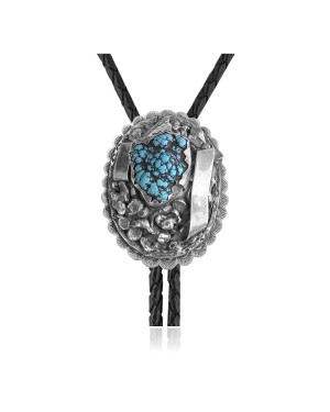Sun .925 Sterling Silver Certified Authentic Handmade Navajo Native American Natural Turquoise Bolo Tie 34271