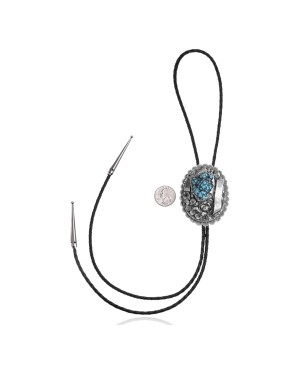 Sun .925 Sterling Silver Certified Authentic Handmade Navajo Native American Natural Turquoise Bolo Tie 34271