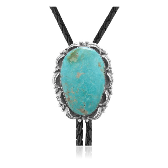 Sun .925 Sterling Silver Certified Authentic Handmade Navajo Native American Natural Turquoise Bolo Tie 34272