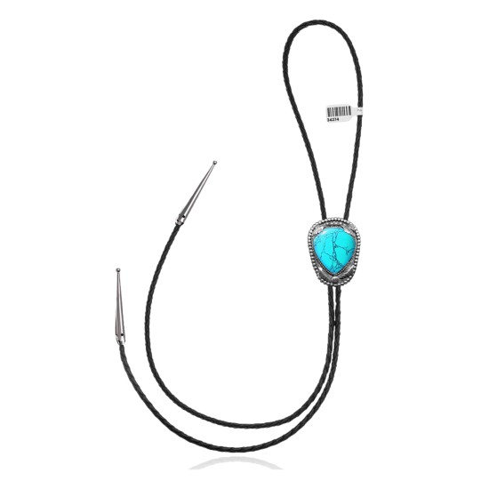 Feather .925 Sterling Silver Certified Authentic Handmade Navajo Native American Natural Turquoise Bolo Tie 34274