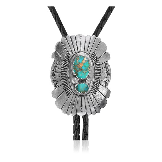 Sun .925 Sterling Silver Certified Authentic Handmade Navajo Native American Natural Turquoise Bolo Tie 34244