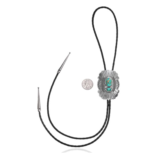 Sun .925 Sterling Silver Certified Authentic Handmade Navajo Native American Natural Turquoise Bolo Tie 34244
