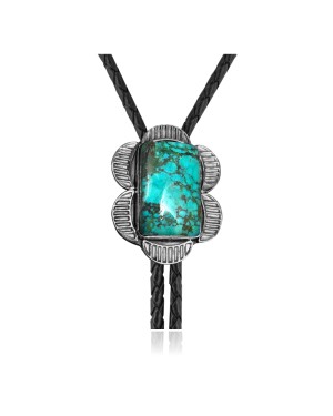 Flower .925 Sterling Silver Certified Authentic Handmade Navajo Native American Natural Turquoise Bolo Tie 34259