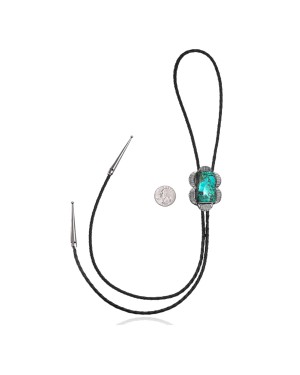 Flower .925 Sterling Silver Certified Authentic Handmade Navajo Native American Natural Turquoise Bolo Tie 34259