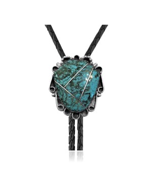 Handmade Certified Authentic Navajo .925 Sterling Silver Native American Natural Turquoise Bolo Tie 34275
