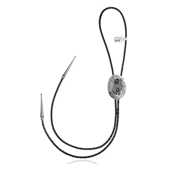 Feather .925 Sterling Silver Certified Authentic Handmade Navajo Native American Black Onyx Bolo Tie 34276