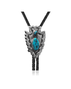Arrowhead, Feather Handmade Certified Authentic Navajo .925 Sterling Silver Native American Natural Turquoise Bolo Tie 34277
