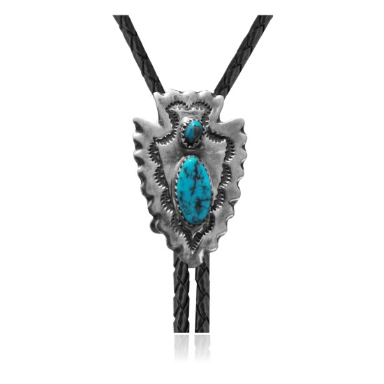 Arrowhead, Feather Handmade Certified Authentic Navajo .925 Sterling Silver Native American Natural Turquoise Bolo Tie 34277
