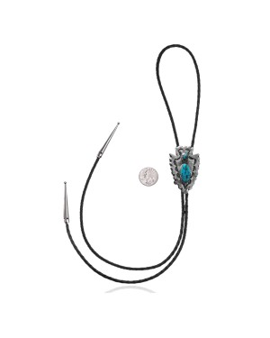 Arrowhead, Feather Handmade Certified Authentic Navajo .925 Sterling Silver Native American Natural Turquoise Bolo Tie 34277