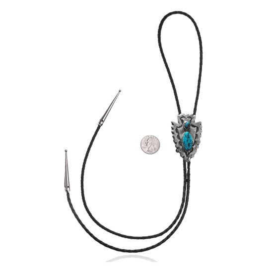 Arrowhead, Feather Handmade Certified Authentic Navajo .925 Sterling Silver Native American Natural Turquoise Bolo Tie 34277