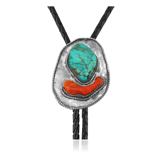 Handmade Certified Authentic Navajo .925 Sterling Silver Native American Natural Turquoise Coral Bolo Tie 34279